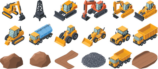 Isometric construction machinery illustration featuring excavators loaders dump trucks materials for building mining infrastructure projects vector design industrial engineering equipment © SreePoreshChandra