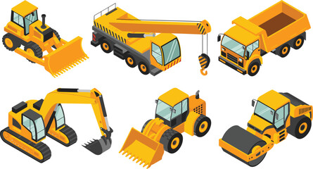 Isometric construction machinery vector set featuring excavator bulldozer crane dump truck loader roller heavy equipment isolated on white background design © SreePoreshChandra