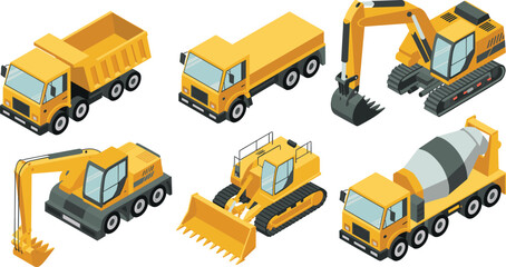 Isometric construction machinery vector set featuring excavator bulldozer dump truck concrete mixer heavy equipment for industrial building projects © SreePoreshChandra