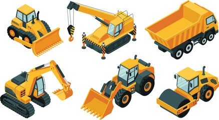 Isometric construction machinery vector set featuring excavator loader crane dump truck roller heavy equipment vehicles isolated on white background © SreePoreshChandra