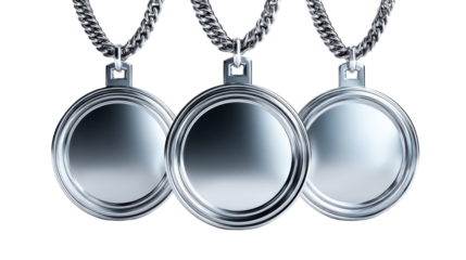 Three polished metallic awards with intricate chains displayed prominently on a seamless surface, perfect for showcasing achievement and excellence in competitions or ceremonies.