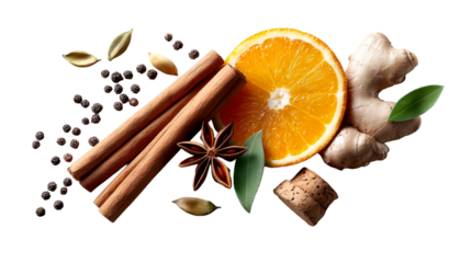 Aromatic spices and citrus for winter beverages and cooking, featuring cinnamon, star anise, ginger, orange, cardamom, and peppercorns perfect for mulled wine or cocktails.