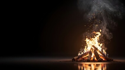 Glowing campfire with burning logs, flames, smoke, and sparks on a dark background, symbolizing warmth, nature, and outdoor adventure.