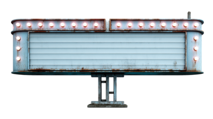 Weathered vintage cinema marquee with glowing bulbs and blank sign perfect for movie show announcements or nostalgic promotions