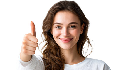Young woman with brown hair giving a confident thumbs up gesture and smiling while wearing a white top, perfect for representing approval or success in marketing and online content.
