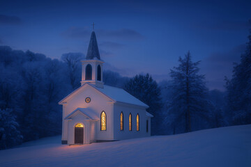 Old fashioned country church in twilight with starry sky at Christmas