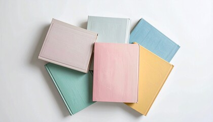 Pastel colored books in a circular pattern on a white backdrop, high-angle shot