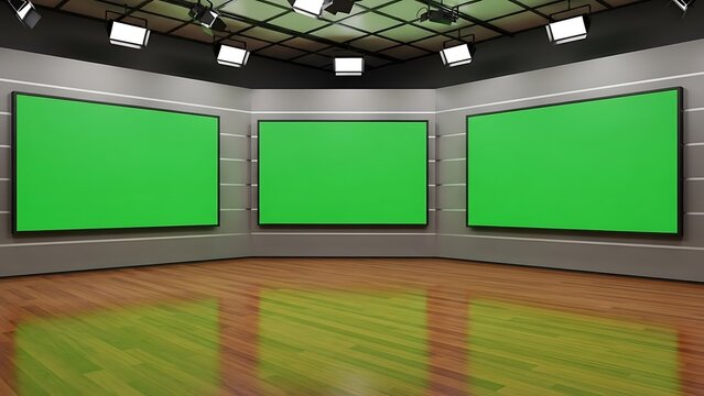 Television Studio with Three Green Screens and Wood Floor