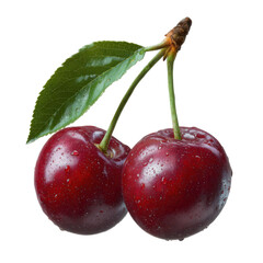 3d illustration of two ripe cherries with a leaf isolated on transparent background