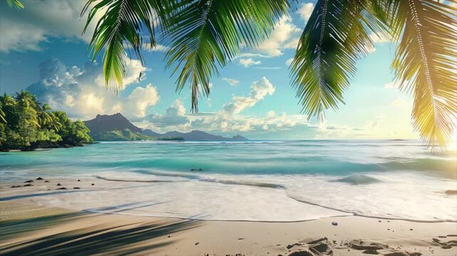 Tropical beach at sunrise. Palm trees and sea waves. Paradise island. Trip, travel and vacation concept