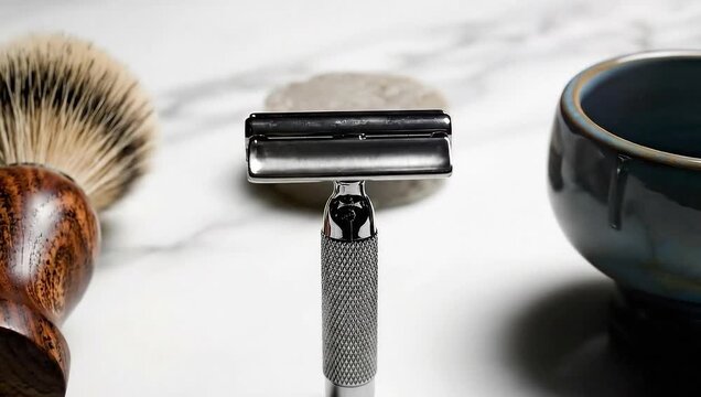 Classic Shaving Kit Still Life - Razor, Brush, Soap, and Bowl.