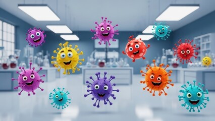 Animated corona viruses with exaggerated expressions floating in a laboratory setting ready for