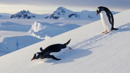Gentoo Penguins Snowcovered Landscape Antarctica