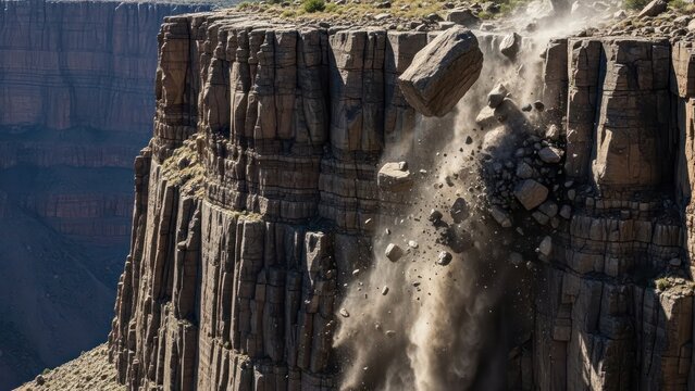 Grand canyon dynamic rockslide exhibiting geological instability and erosion over time