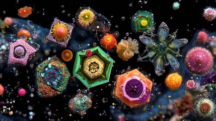 Conceptual microscopic view of diverse marine plankton and vibrant microorganisms, showcasing intricate geometric and organic forms in a dark aquatic environment, rendered with vivid colors.