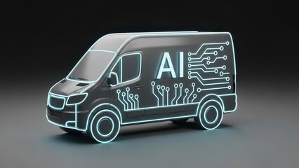 Futuristic van with a glowing blue design and the word AI on it