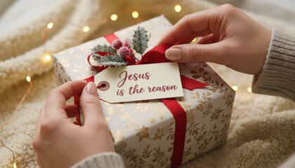 Person holding Christmas gift with tag reading Jesus is reason on cozy blanket with warm lights