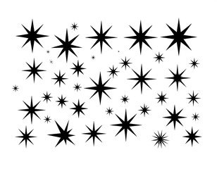 Collection of various-sized, black, pointed stars on a white backdrop
