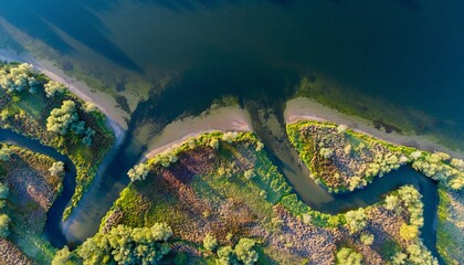Aerial view of a winding river flowing into a larger body of water surrounded by lush green and autumn-colored foliage.