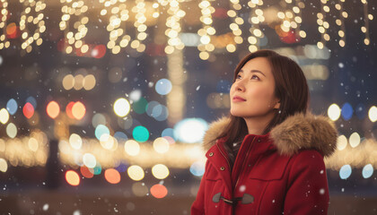 Woman red coat with fur trim looks up night with festive lights background, creating warm