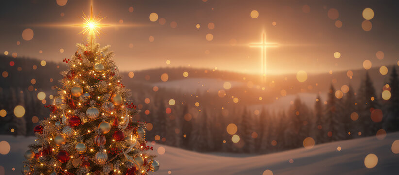 Decorated Christmas tree with lights and ornaments snowy landscape sunset festive and warm