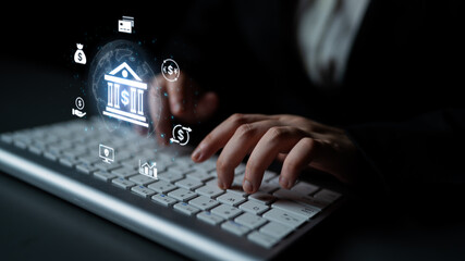 Concept of digital banking and global financial services. A network of secure online transactions, currency exchange, and money management for the international economy. Fermion