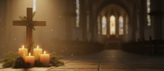 Wooden cross with candles and pine branches inside church, warm light creating peaceful