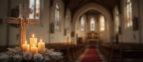Advent candles and wooden cross inside church with stained glass windows, creating peaceful