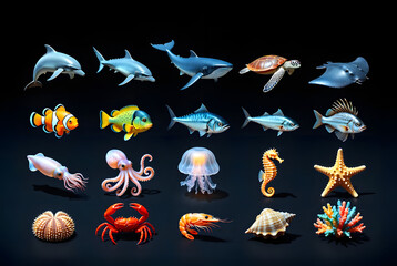 Marine Animals & Underwater Life Isometric Set