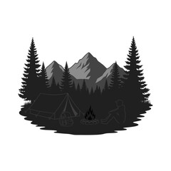 Obraz premium Camping scene with tent, campfire, and mountains silhouette