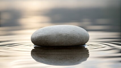 Serene gray stone in calm water with ripples at sunset