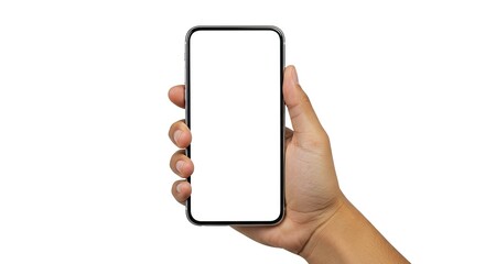 Human hand holding modern smartphone with blank screen isolated on white background, minimal mobile mockup for app UI design, branding, and technology marketing.