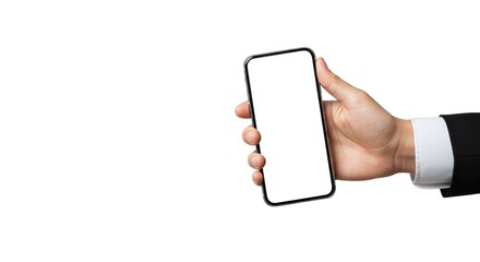Business hand holding smartphone with blank screen on white background, professional mobile mockup for corporate apps, digital services, and technology marketing.