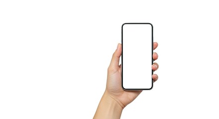 Hand holding smartphone with empty vertical screen isolated on white background, clean mobile device mockup for UI design, app previews, and digital content.