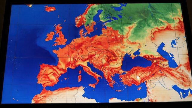 Europe rendered in thermal gradients depicting a heat map reflecting temperature variations across