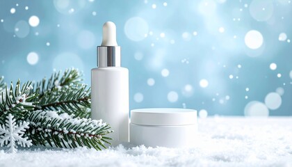 Skincare product bottles with snowy backdrop & evergreen branch for a wintery cosmetic scene