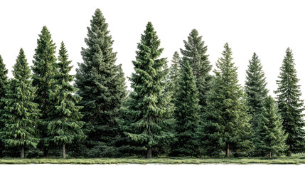 Lush green coniferous forest with tall pine trees isolated on transparent background