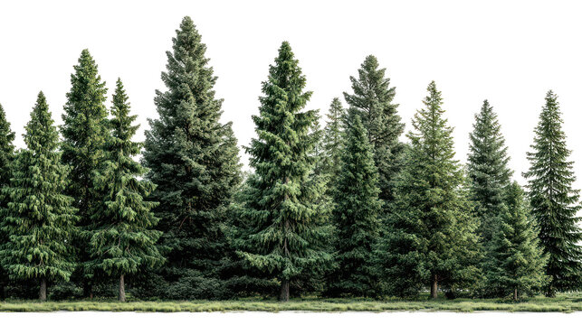 Lush green coniferous forest with tall pine trees isolated on transparent background