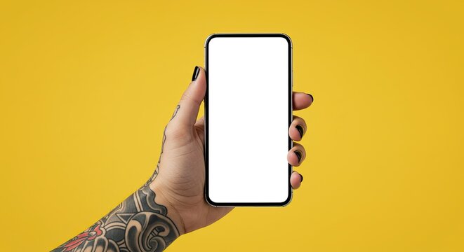 Tattooed hand holding vertical smartphone with empty screen on yellow background, modern mobile mockup for app UI design, branding, and digital marketing visuals.