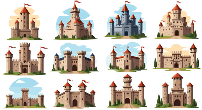 A majestic collection of various medieval fairytale castles and fortresses with tall towers flags and strong stone walls.