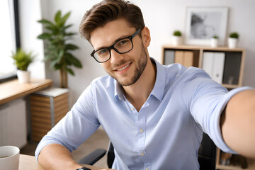 Young man in glasses and blue shirt smiling, taking a close-up selfie or making a video call from his modern, bright home office or workspace.