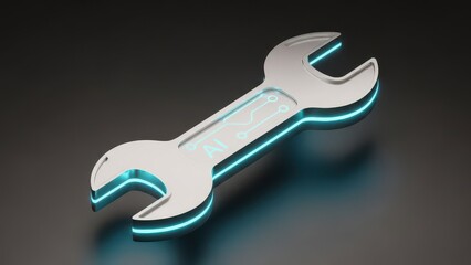 Silver wrench with blue lights on it that says AI