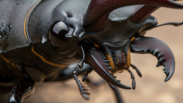 Close-up of a black beetle with detailed texture