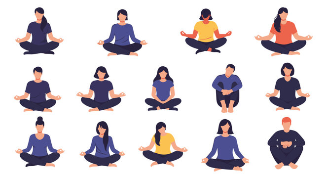 A large collection of diverse men and women practicing meditation and yoga in the lotus position for mindfulness and relaxation.