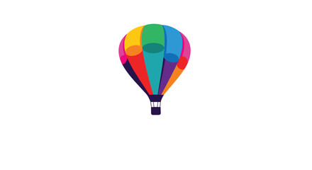 A vibrant and colorful hot air balloon with a rainbow pattern floating gracefully in the sky on a white background.