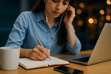Focused young professional working late, writing notes in a journal next to a laptop while listening to music with earphones, blurred bokeh background.