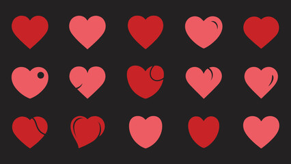 Collection of various stylized heart shapes in shades of red and pink against a dark background