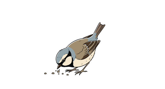 A cute and detailed illustration of a small blue tit bird on the ground pecking at seeds on a clean white background.