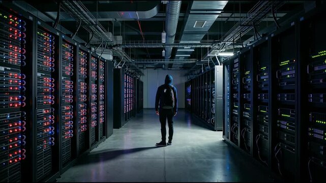 Person in hoodie exploring secure server room with glowing racks