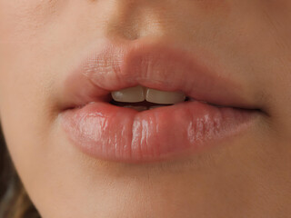 Close-Up of Natural Two-Toned Lips: Showcasing Nude Lipstick and Sensual Softness in Beauty Industry Portrait Photography